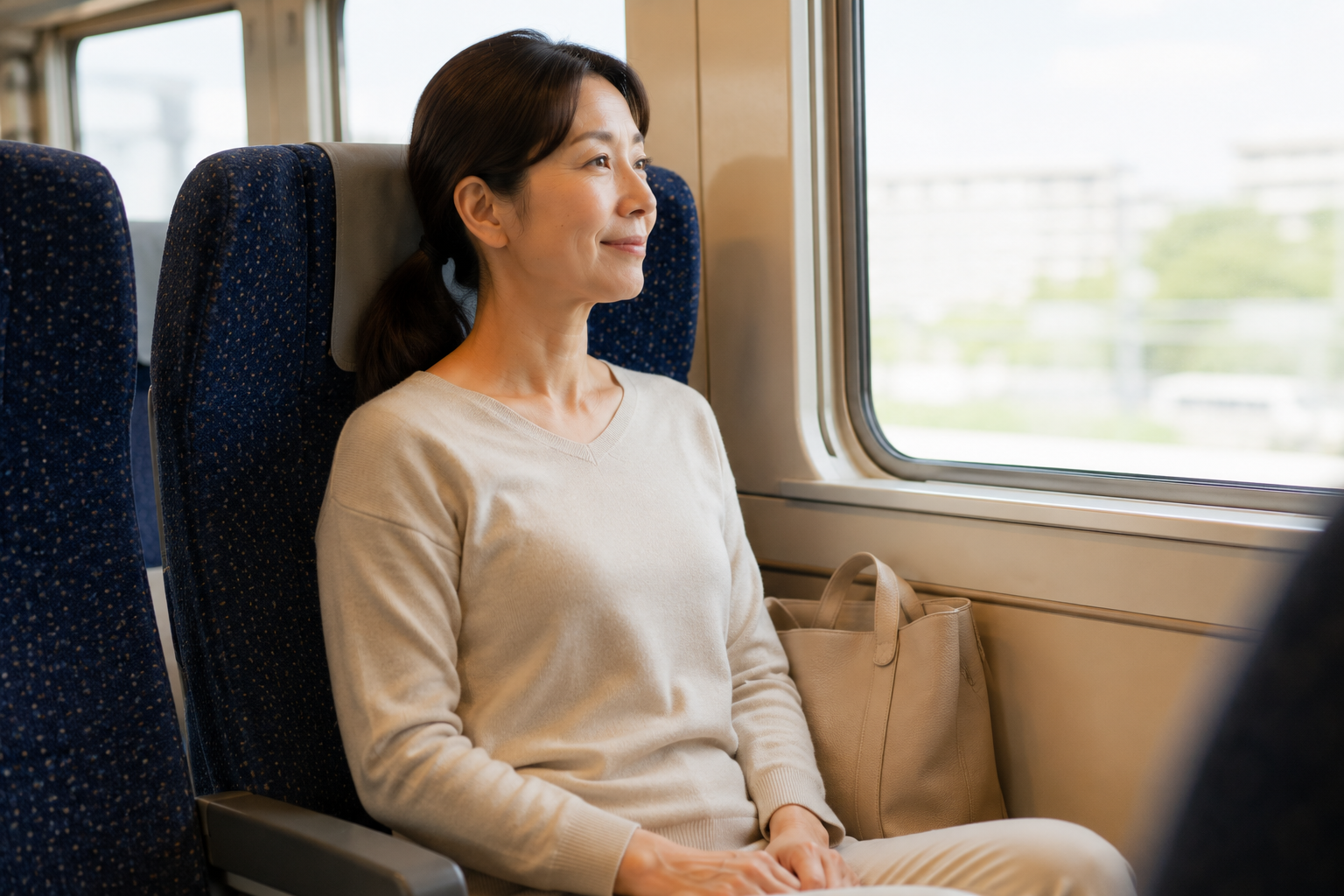 通勤列車上調整坐姿，讓背部放鬆挺直