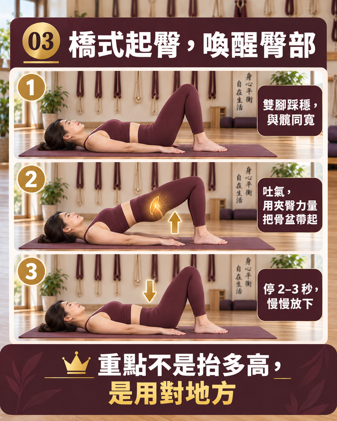 橋式起臀三步驟:雙腳踩穩、用臀部帶起骨盆、停留後慢慢放下