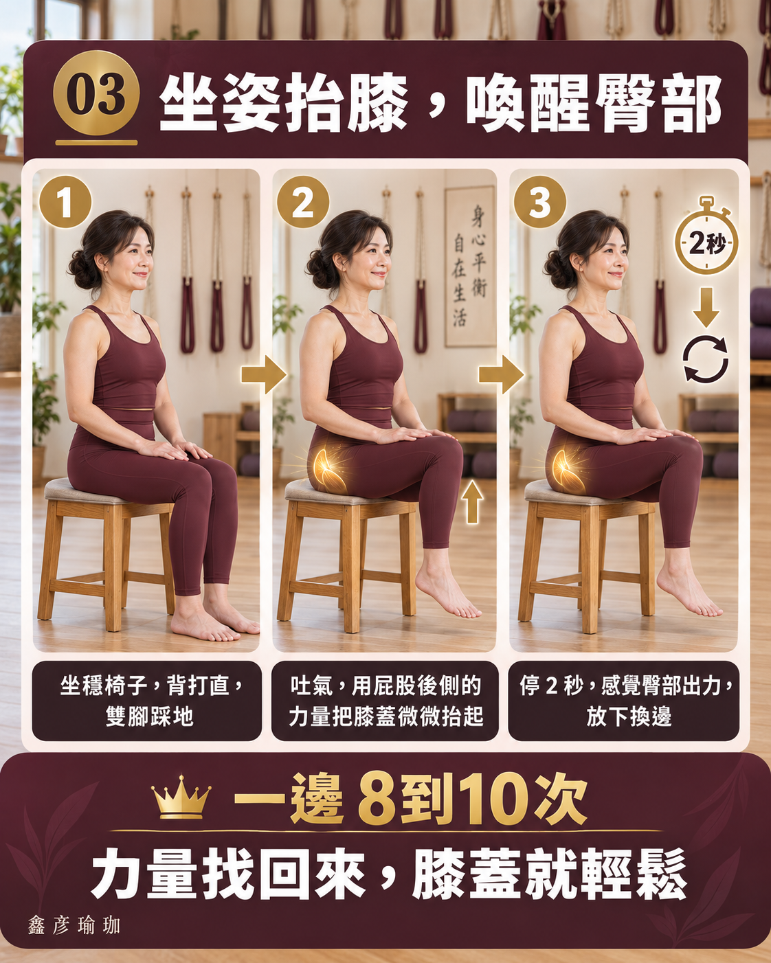 圖卡:坐姿抬膝喚醒臀部三步驟——坐穩椅子背打直、吐氣用屁股後側力量把膝蓋微微抬起、停2秒感覺臀部出力放下換邊