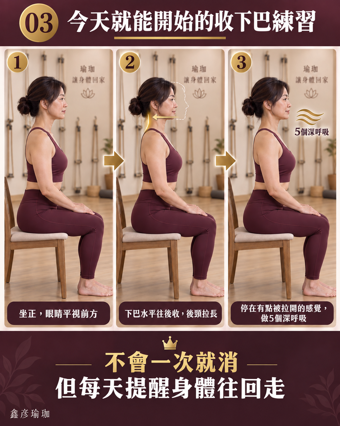 圖卡:收下巴練習三步驟——坐正眼睛平視前方、下巴水平往後收後頸拉長、停在被拉開的感覺做5個深呼吸