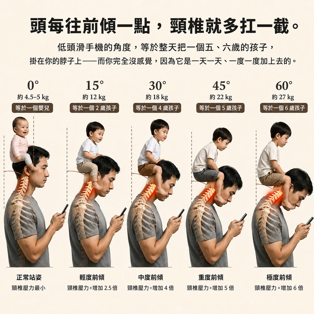 不同低頭角度下，頸椎承受重量的對照圖：0 度約 5 公斤、45 度約 22 公斤