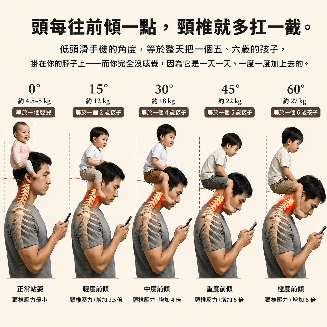 不同低頭角度下，頸椎承受重量的對照圖：0 度約 5 公斤、45 度約 22 公斤