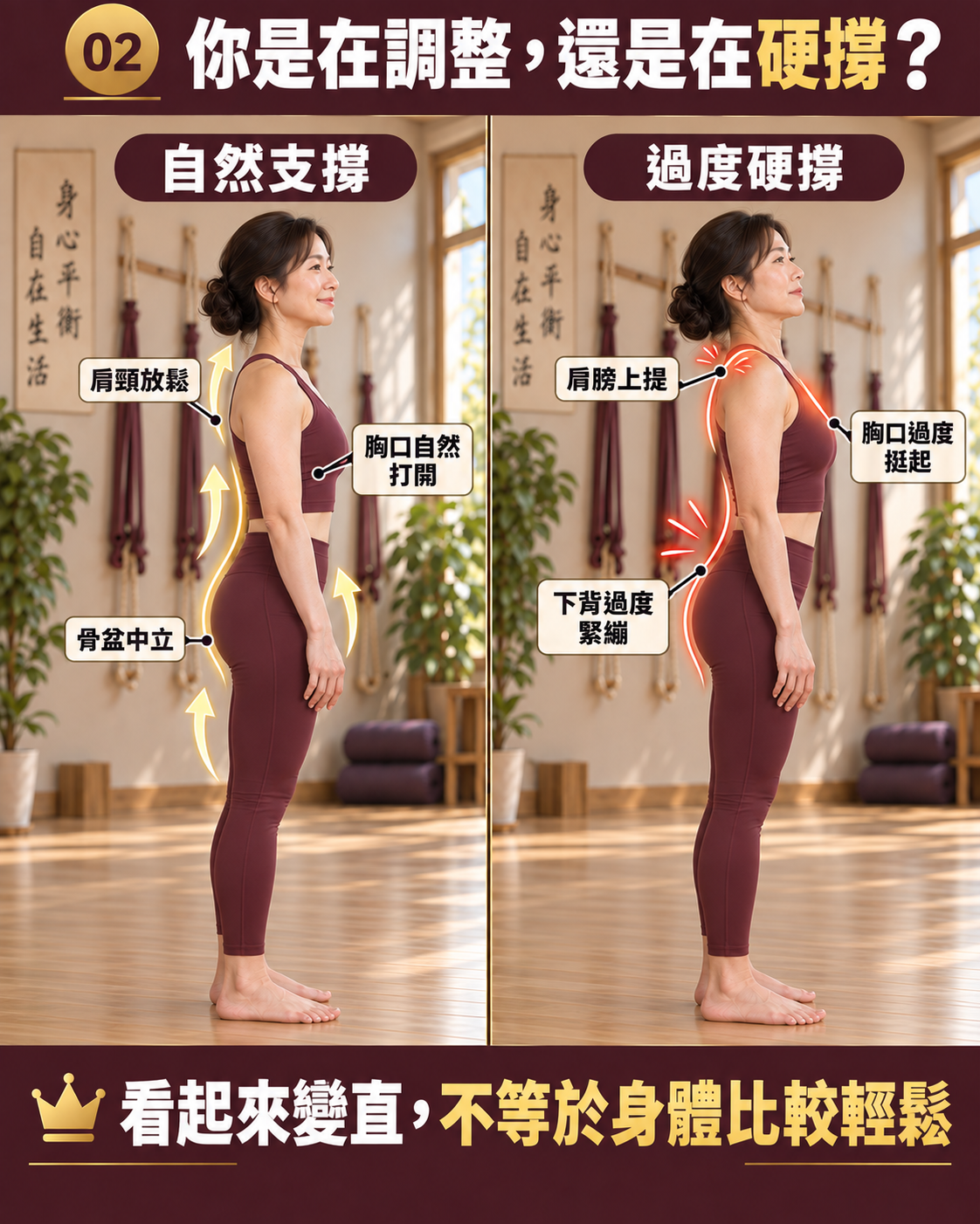 自然支撐與過度硬撐的姿勢比較