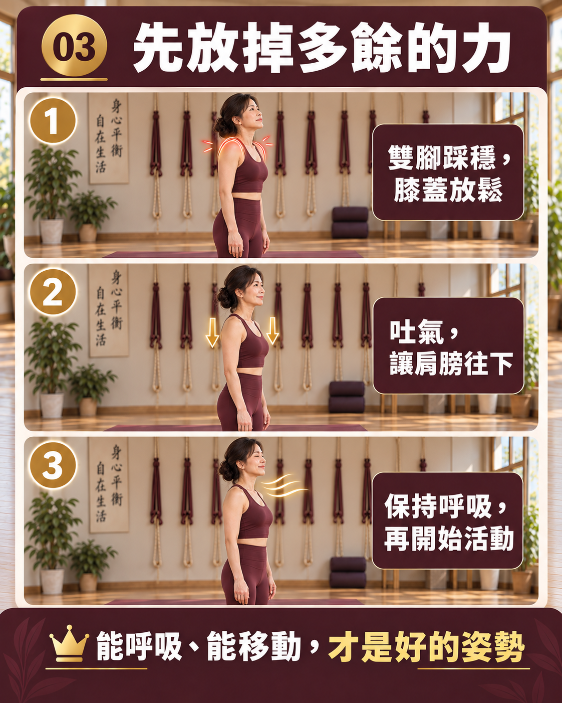 雙腳踩穩、肩膀放鬆並自然呼吸的姿勢重置練習
