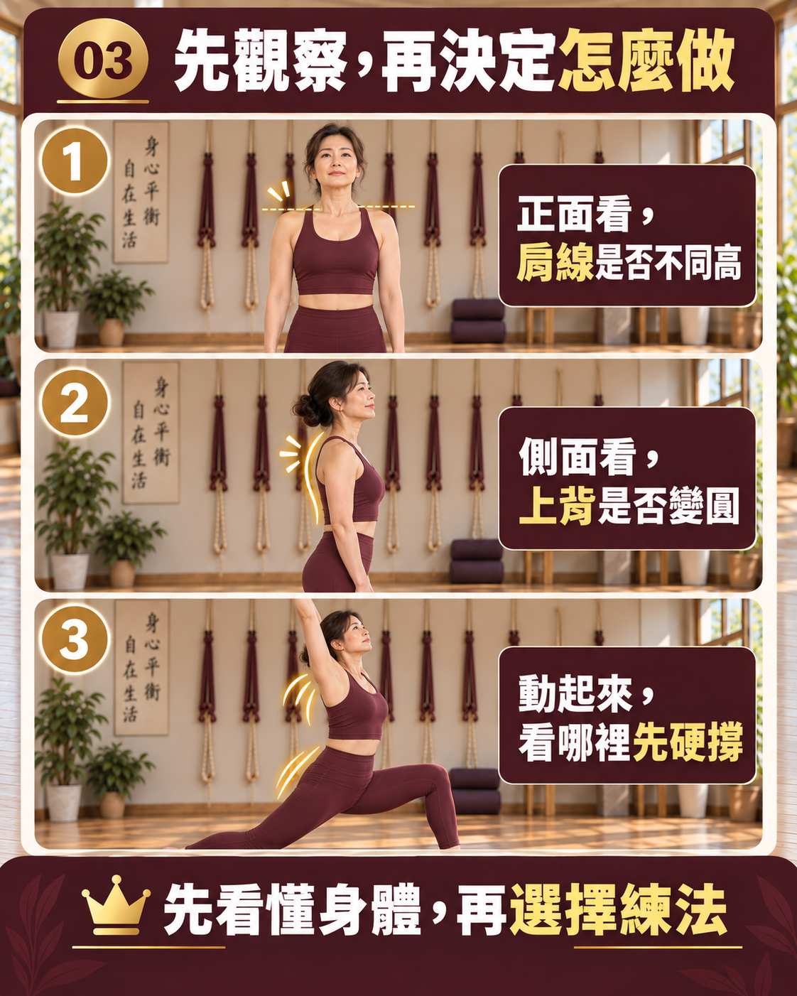 在牆邊與鏡子前自然觀察身體，不強迫自己站直