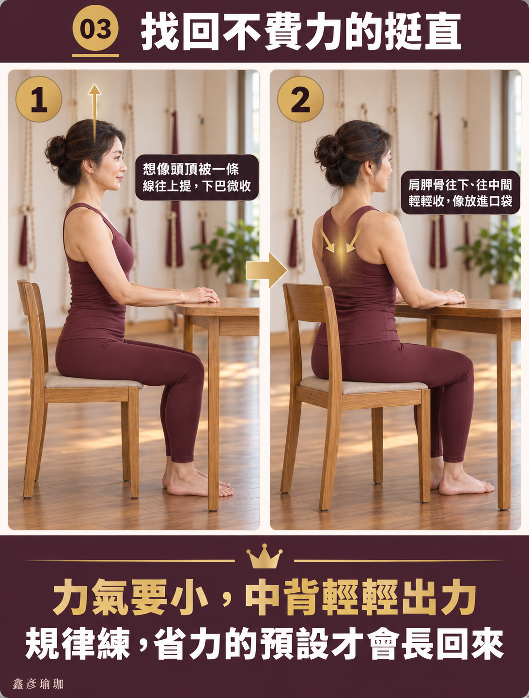 圖卡：找回不費力的挺直——想像頭頂被一條線往上提下巴微收，肩胛骨往下往中間輕輕收像放進口袋