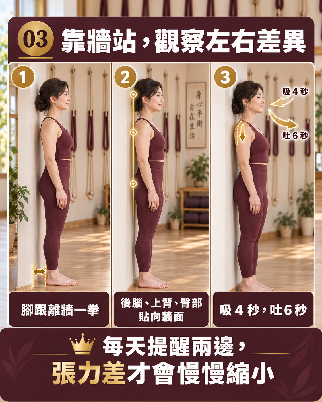 靠牆站觀察左右差異的三步驟